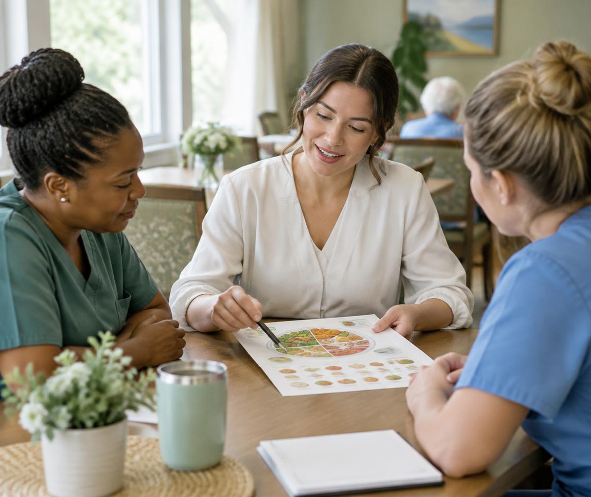 A dietitian reviewing a nutrition guide with nursing colleagues at a table in a facility dining room