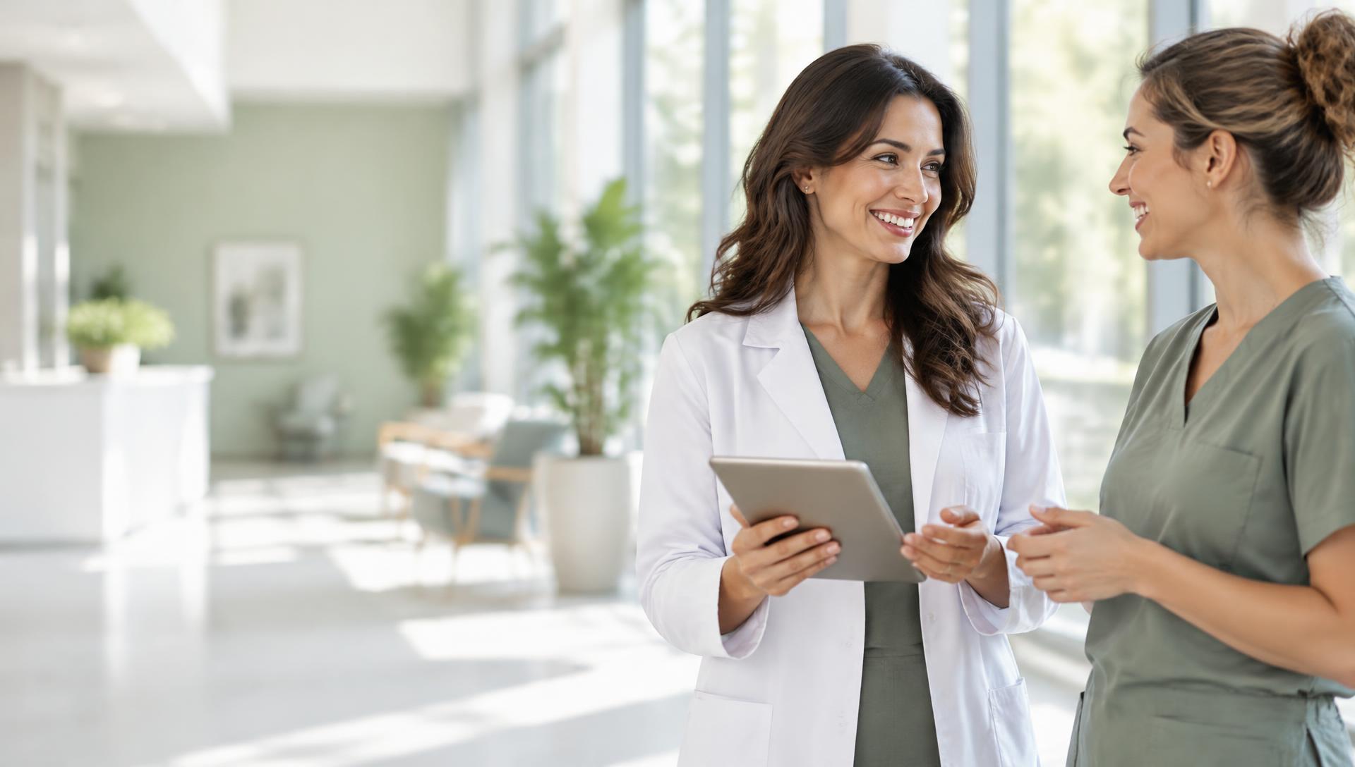 A dietitian and healthcare colleague working together in a bright clinical setting